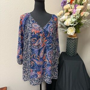 Chaps 1X Boho Paisley Floral Tunic Top Navy Multicolor Sheer.